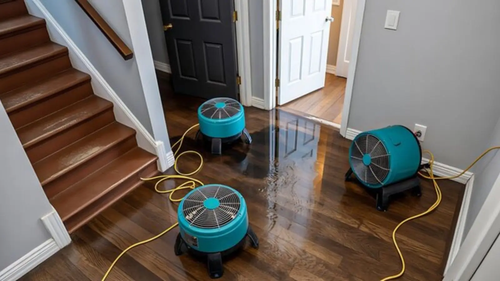 Two air movers drying a wet hardwood floor at the bottom of a staircase